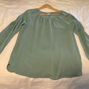 LOFT Sage Green Long-Sleeve Blouse with Braided Sleeve Trim